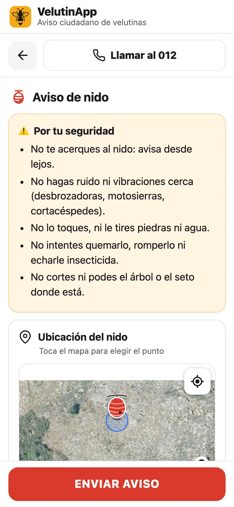 Pantalla de aviso de nido con consejos de seguridad y el mapa para marcar la ubicación